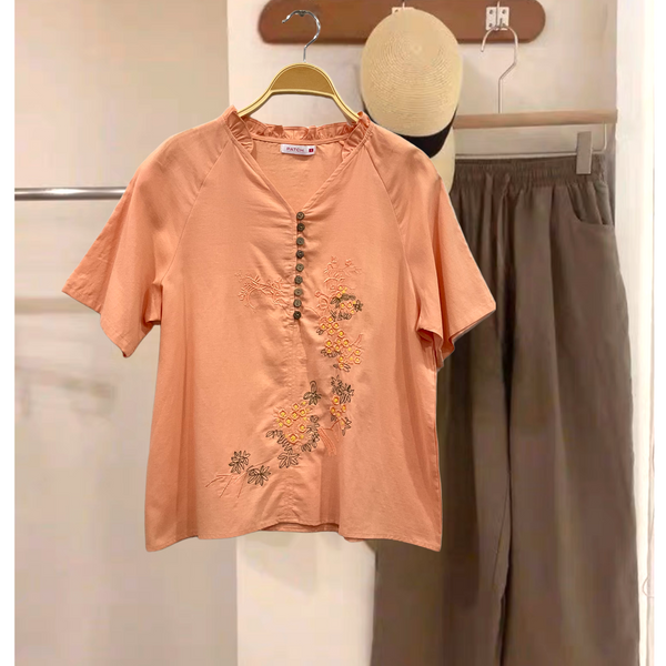 Patch Ladies Short Sleeve Embroidery Top