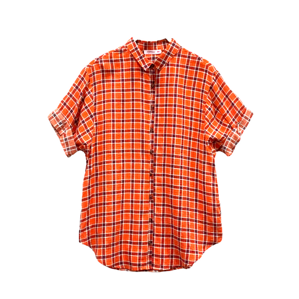 Patch Women Short Sleeve Shirt Checked Print Casual Fashion Loose Shirt