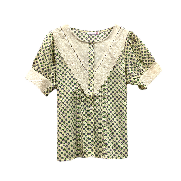Patch Women Short Sleeve Shirt Loose New Lace Round Neck Tops