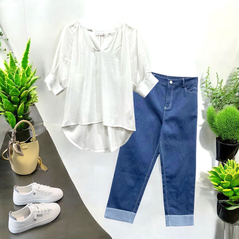 Patch Women Cotton Shirt Short Sleeve V Neck