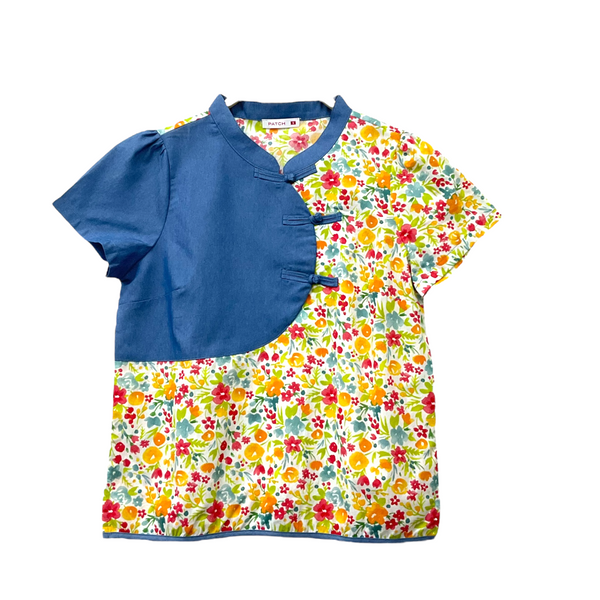 Patch Women Mandarin Collar Short Sleeve Shirt