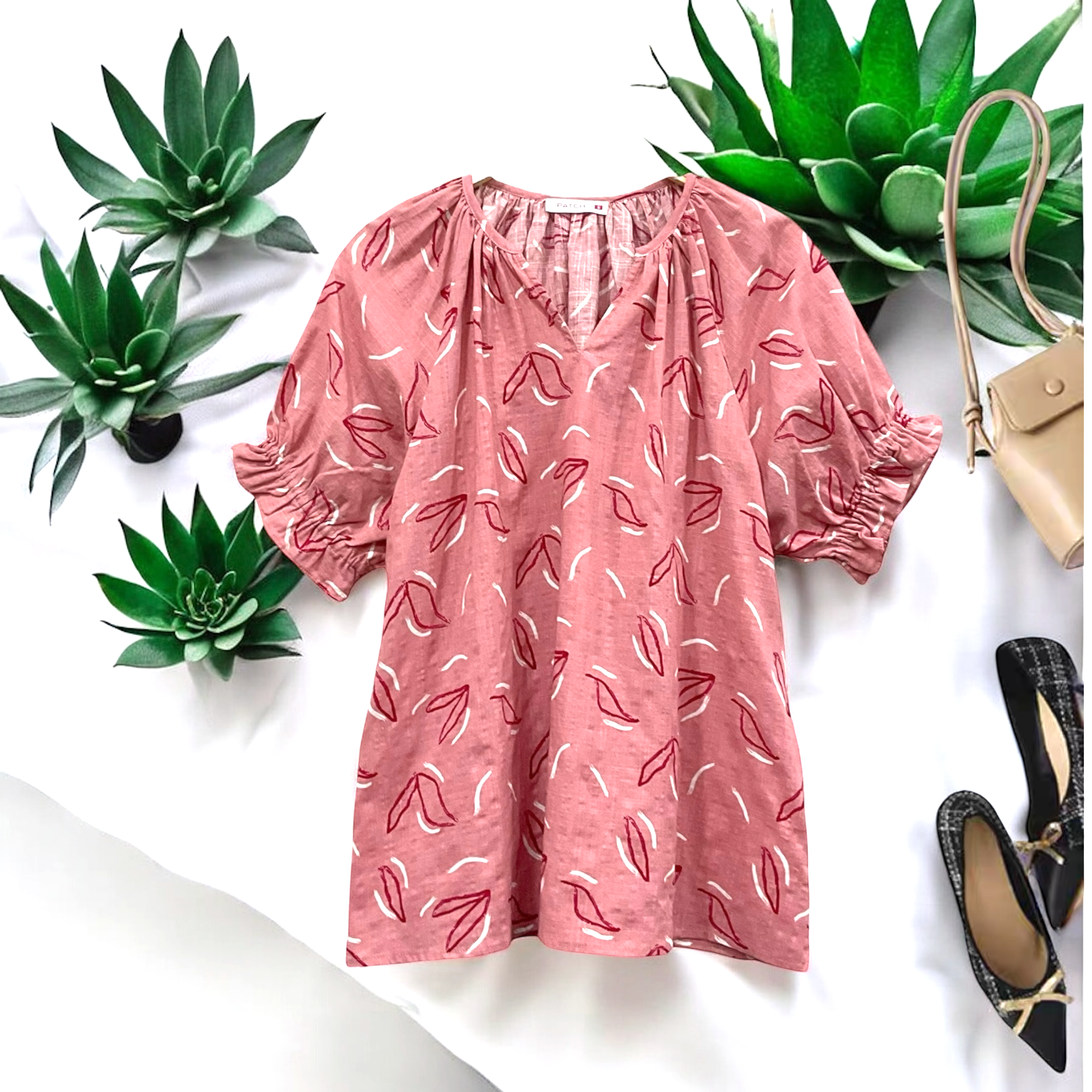 Patch Women Cotton Shirt Short Sleeve V Neck