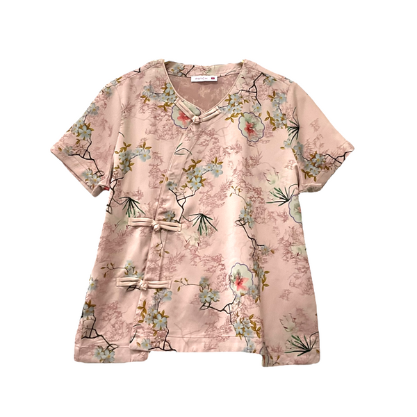 Patch Women Mandarin Collar Short Sleeve Shirt