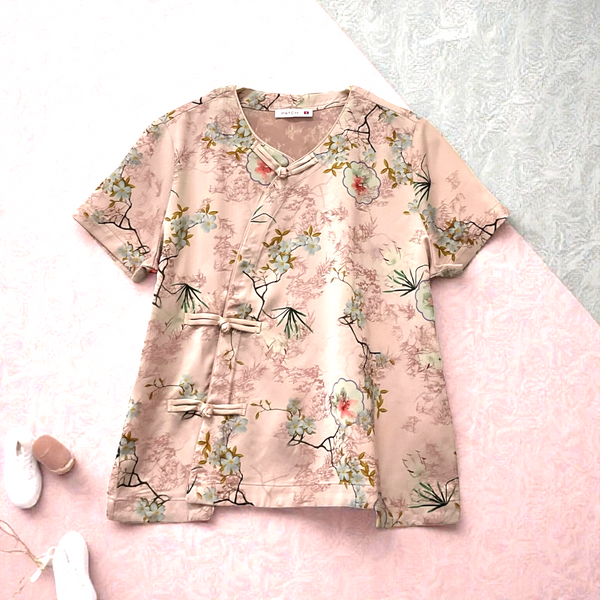 Patch Women Mandarin Collar Short Sleeve Shirt