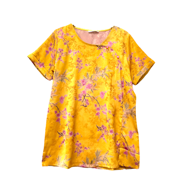 Patch Women Mandarin Collar Short Sleeve Shirt