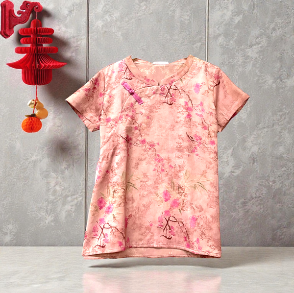 Patch Women Mandarin Collar Short Sleeve Shirt