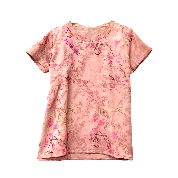 Patch Women Mandarin Collar Short Sleeve Shirt