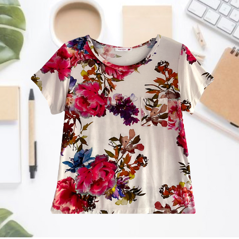 Patch Ladies Short Sleeve Round Neck Rayon Printed Top