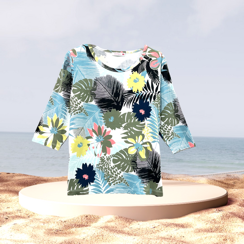 Patch Women Spandex 3/4 Sleeve Round Neck Floral Print T-Shirt