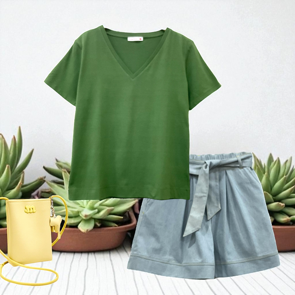 Patch Women Clothes Casual Short Sleeve V Neck T-Shirt