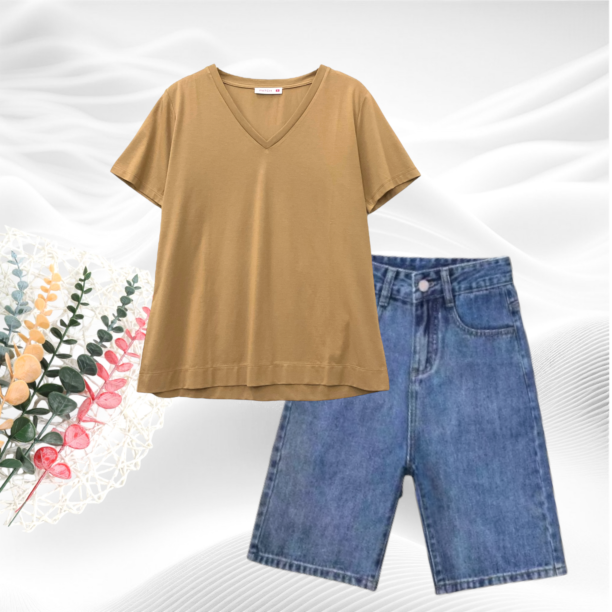 Patch Women Clothes Casual Short Sleeve V Neck T-Shirt