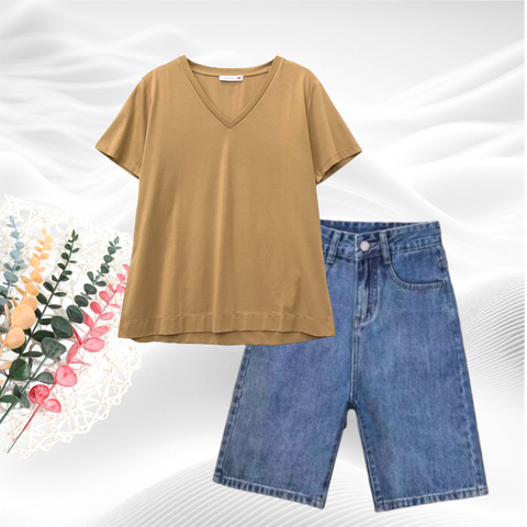 Patch Women Clothes Casual Short Sleeve V Neck T-Shirt