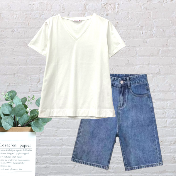 Patch Women Clothes Casual Short Sleeve V Neck T-Shirt