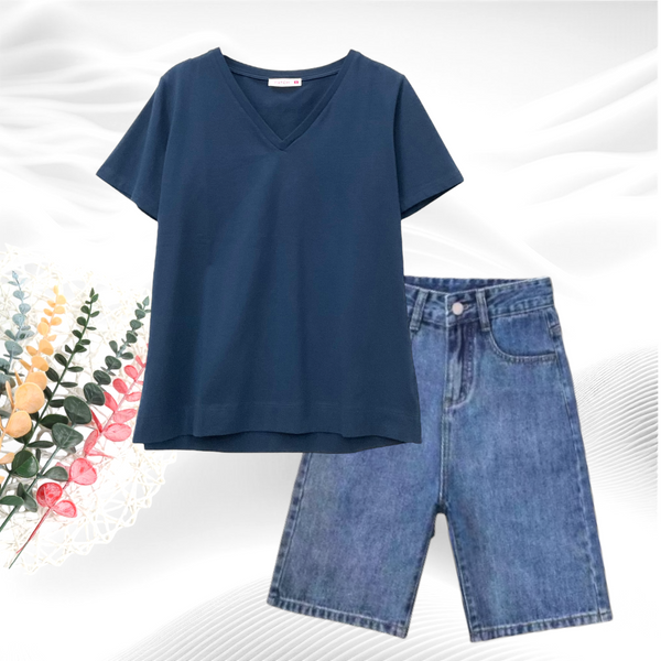 Patch Women Clothes Casual Short Sleeve V Neck T-Shirt
