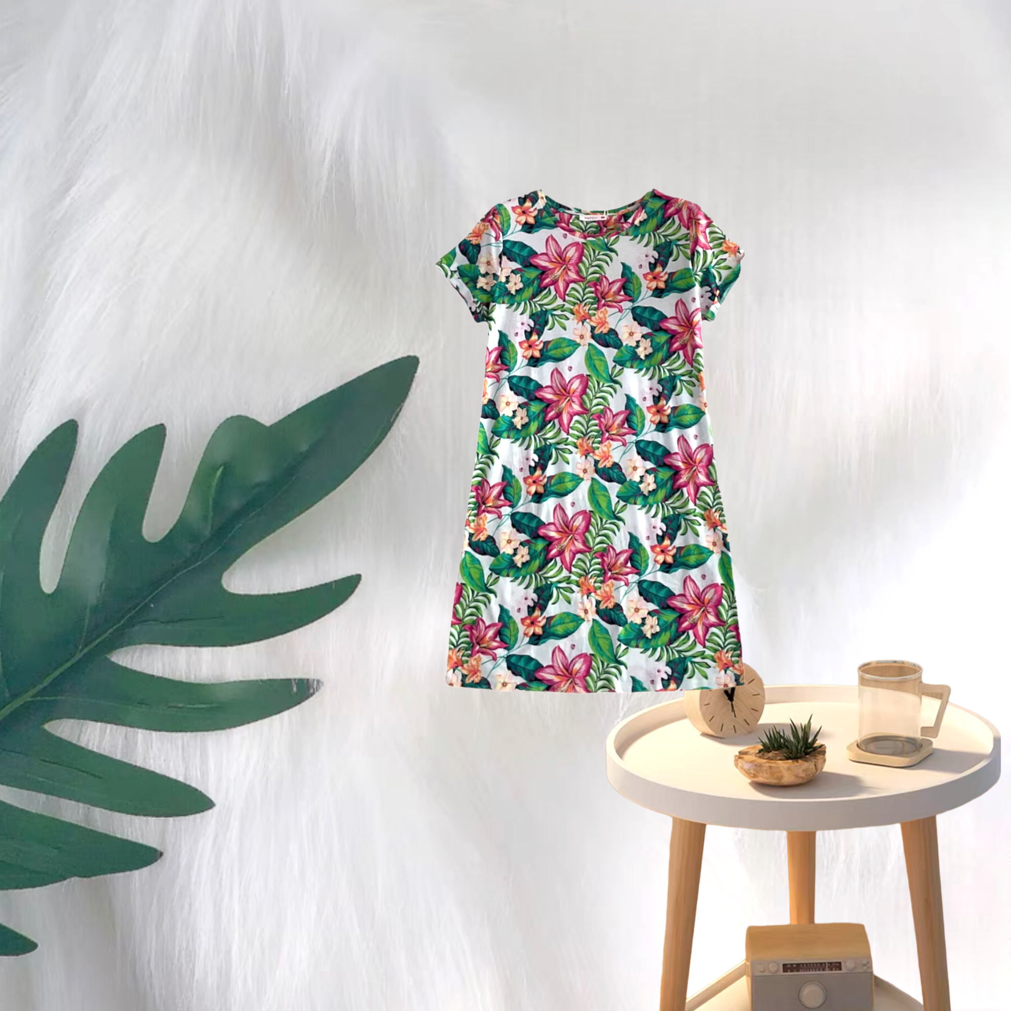 Patch Women's Cotton Short Sleeve Round Neck  A-Line Floral Dress Home Wear