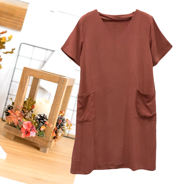 Patch Women's Short Sleeve V-Neck With Pockets Plain Mini Shirt Dress