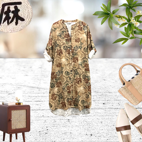 Patch Women's Long Sleeve Linen Floral Printed Dress