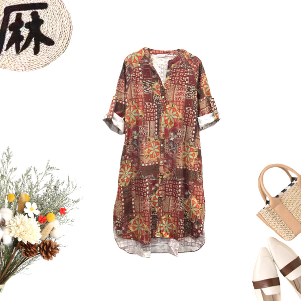 Patch Women's Long Sleeve Linen Floral Printed Dress
