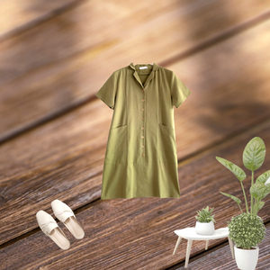 Patch Women's Cotton Linen Short Sleeve A-Line with Pockets Midi Dress
