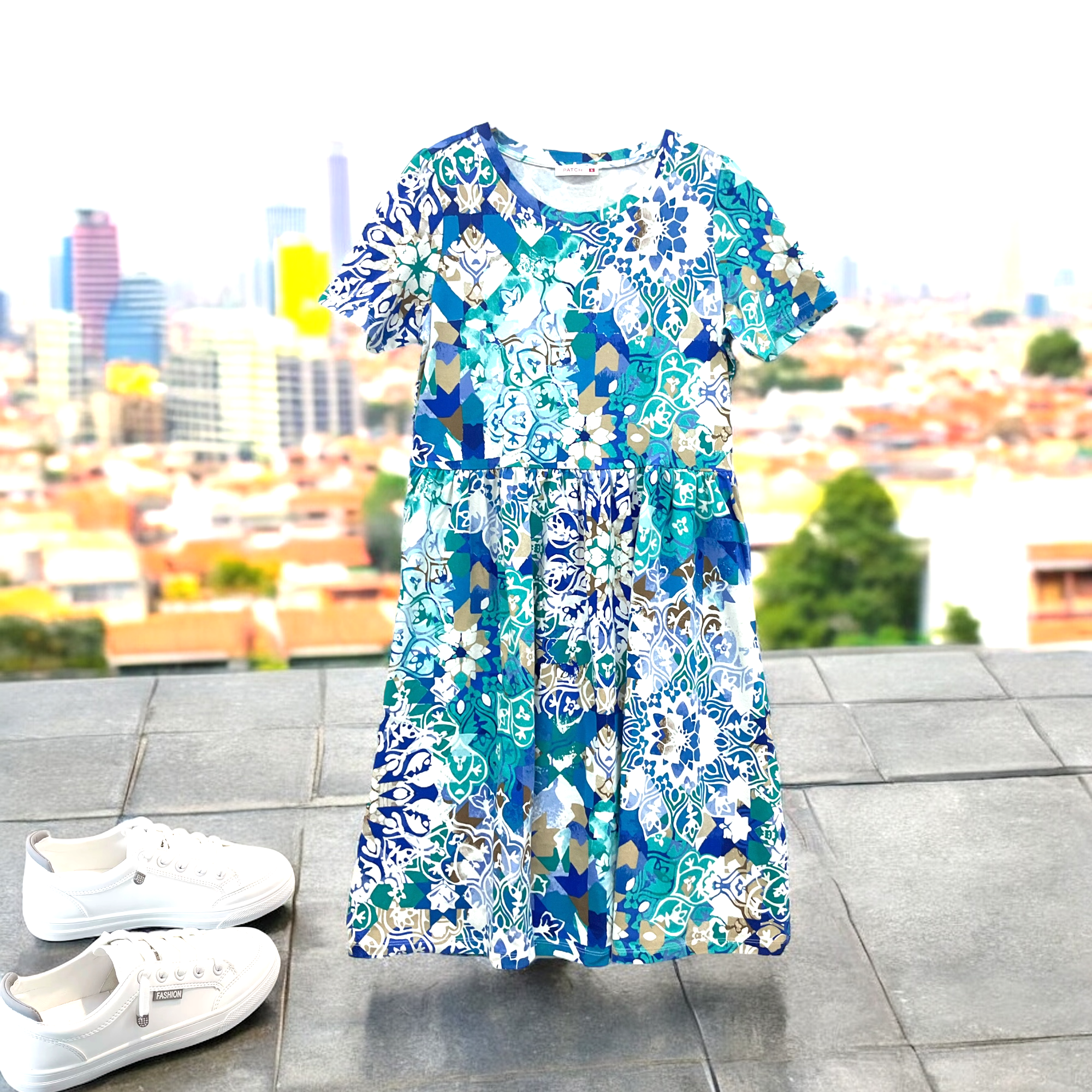 Patch Women's Short Sleeve Round Neck Floral Printed Dress