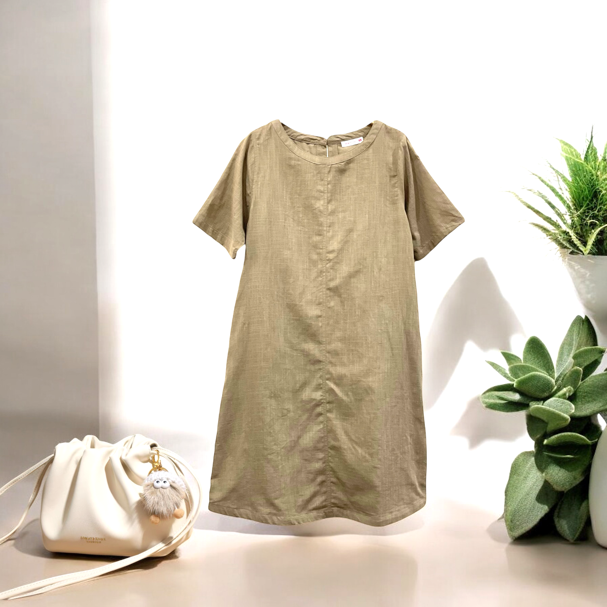 Patch Casual Dress Short Sleeve Round Neck With Pocket