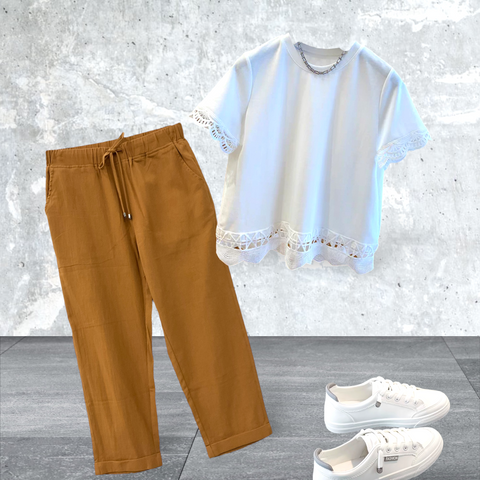 Patch Women Cotton Linen Elastic Waist Lightweight Ankle-Length Pants
