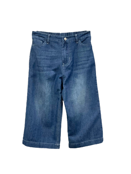 Patch Women Elastic Waist 3/4 Length Culottes Denim Pants