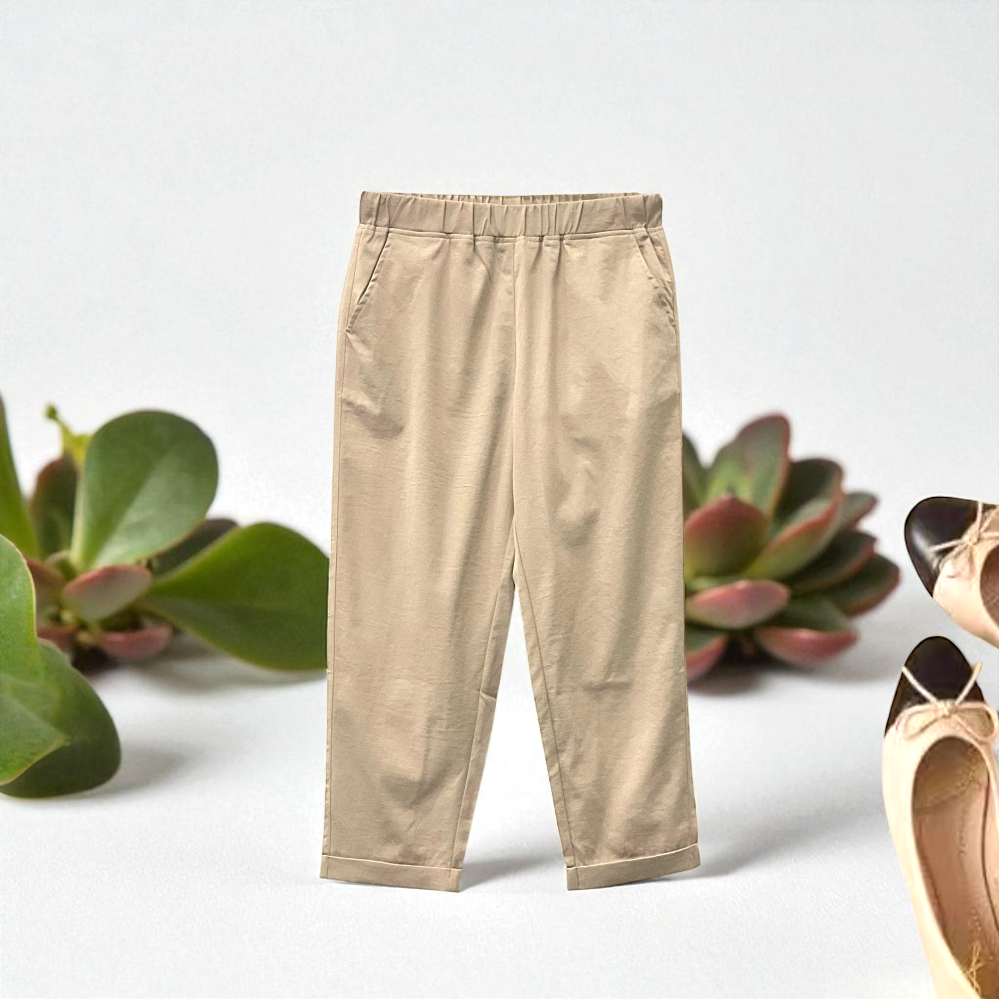 Patch Women Elastic Waist Light weight Ankle-Length Solid Pants