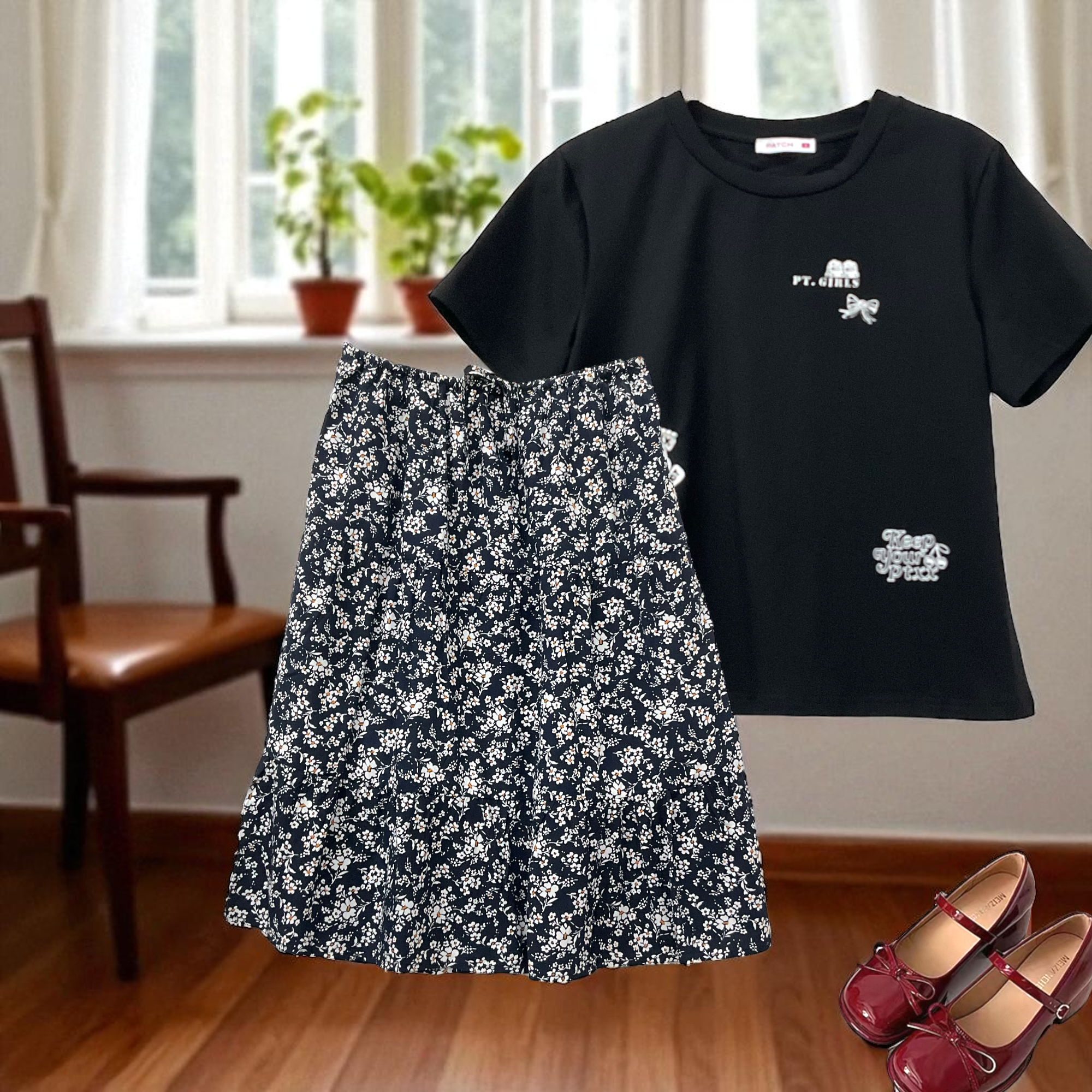 Patch Women Elastic Waist Floral Print Skirt