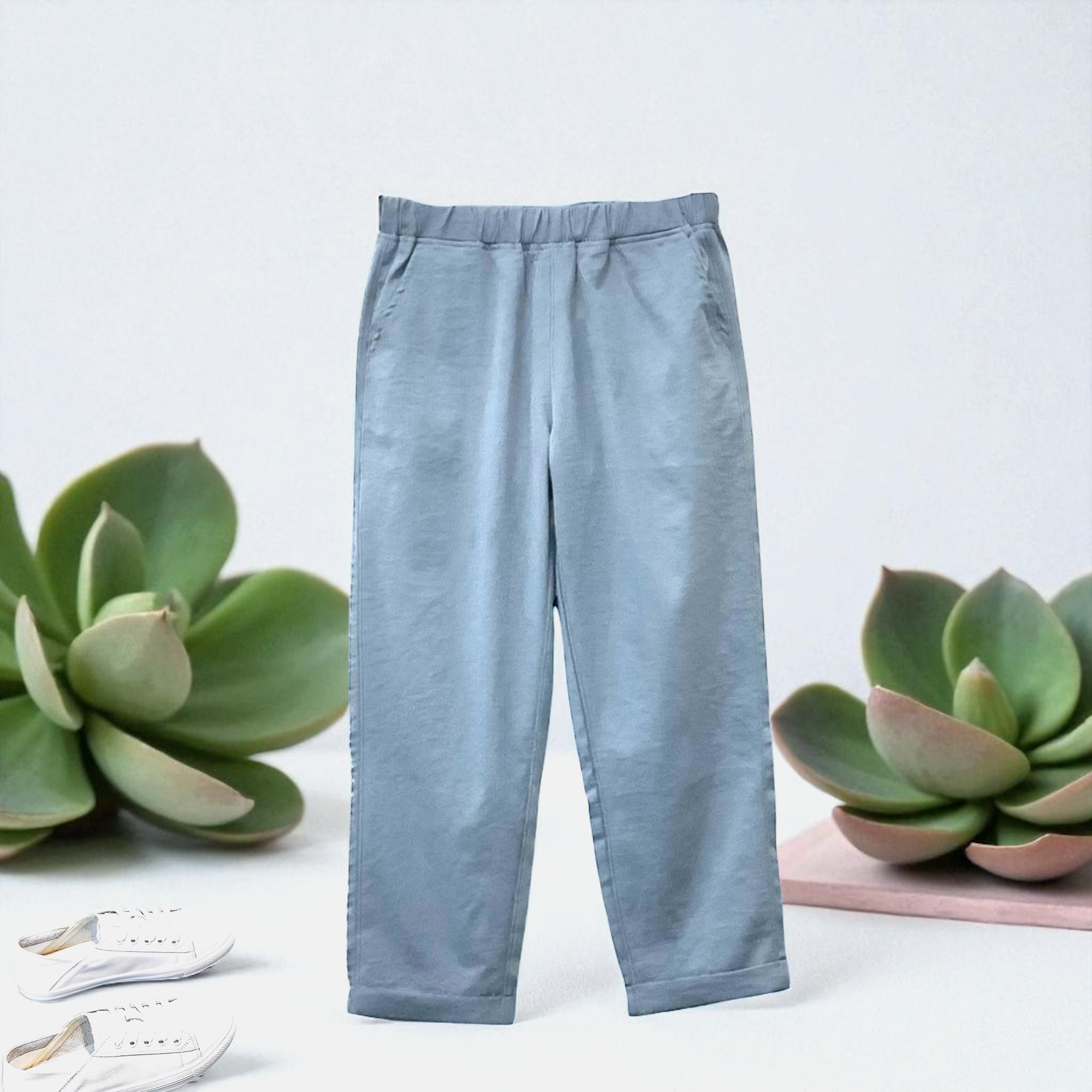 Patch Women Elastic Waist Light weight Ankle-Length Solid Pants
