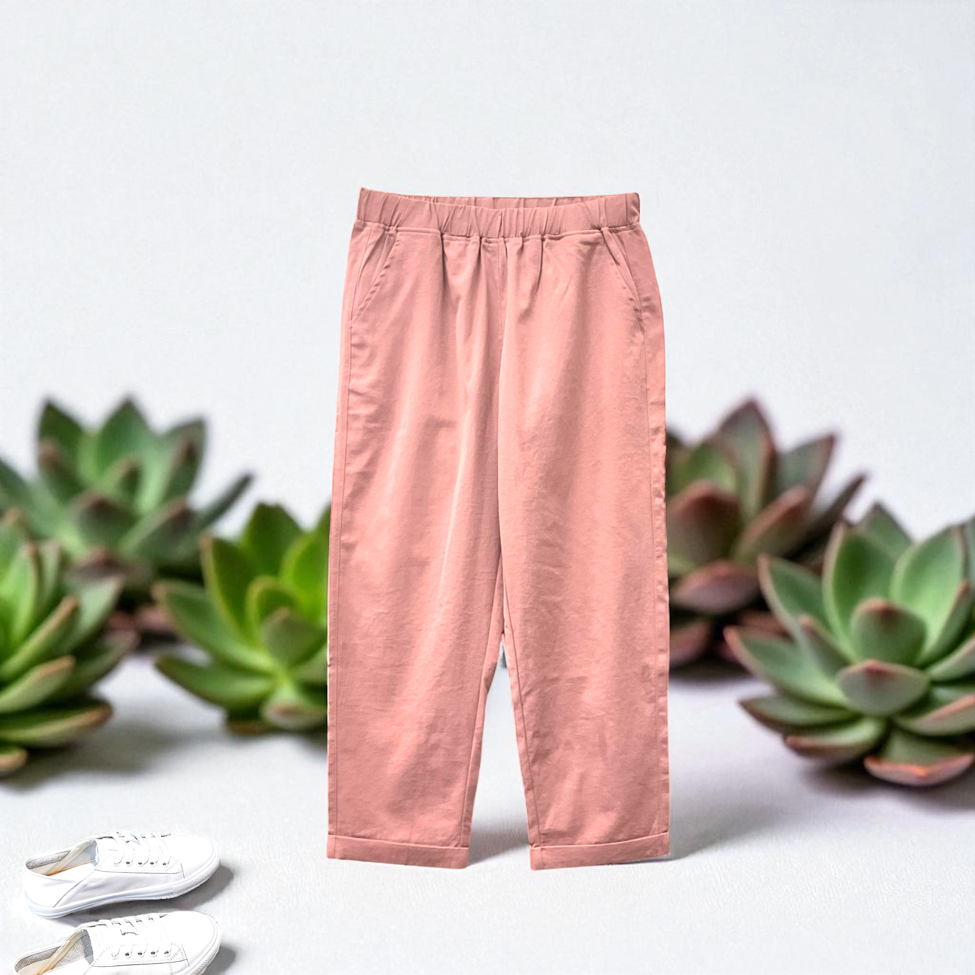 Patch Women Elastic Waist Light weight Ankle-Length Solid Pants